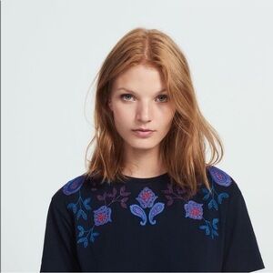 SANDRO COTTON T-Shirt Navy Blue Embroidered Size 3 (8 US)